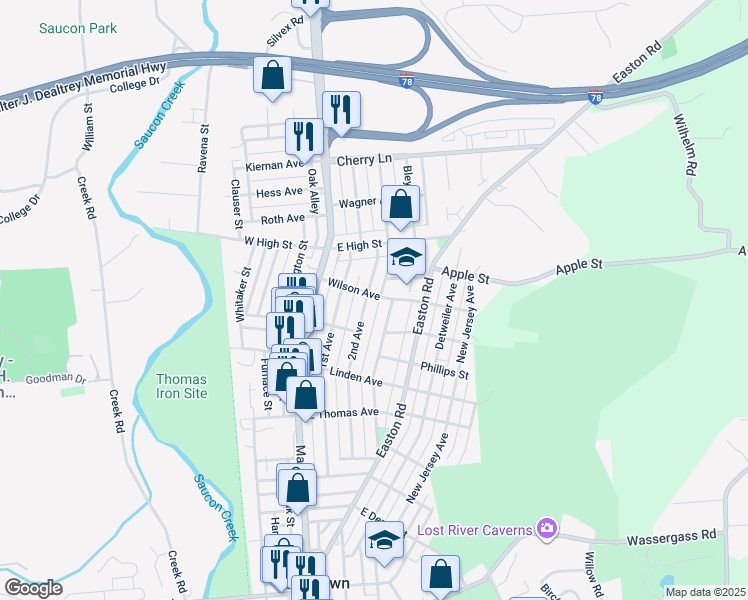 map of restaurants, bars, coffee shops, grocery stores, and more near 1395 2nd Avenue in Hellertown