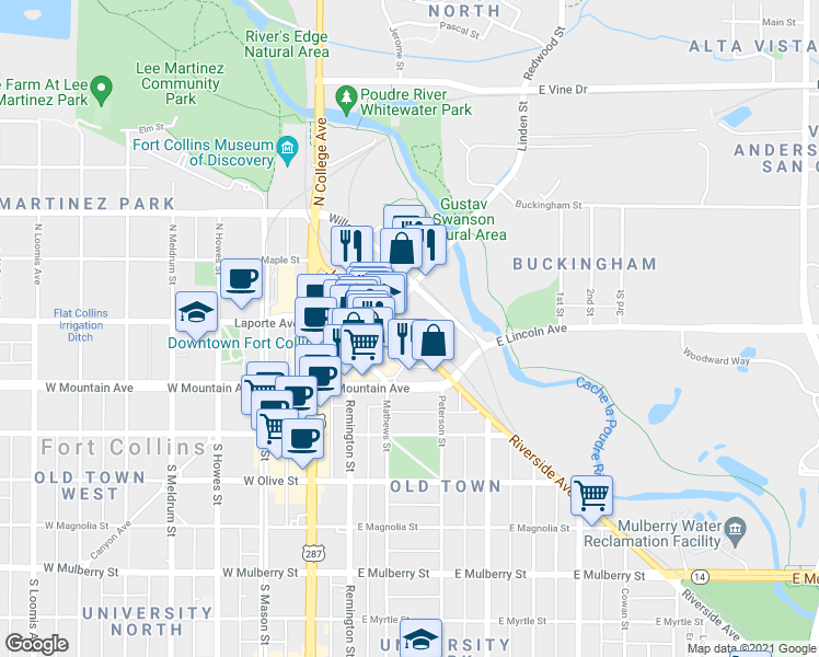 map of restaurants, bars, coffee shops, grocery stores, and more near 350 Linden Street in Fort Collins