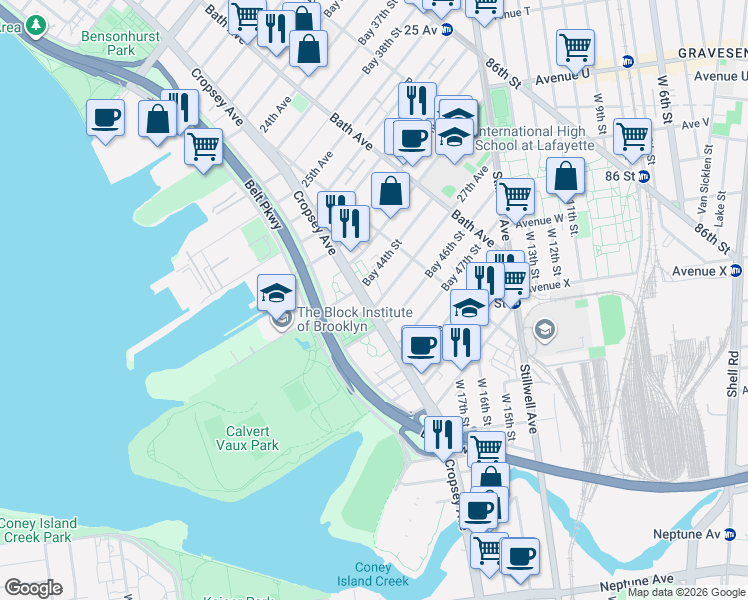 map of restaurants, bars, coffee shops, grocery stores, and more near 2650 Cropsey Avenue in Brooklyn
