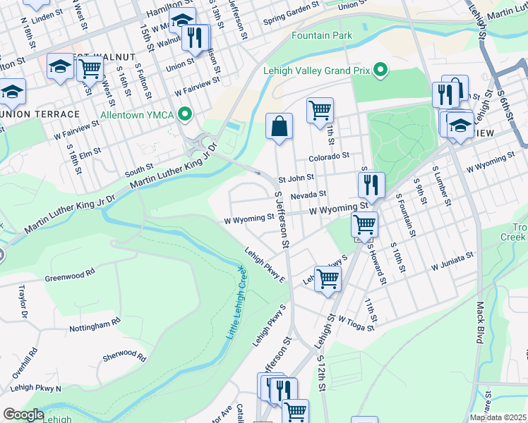 map of restaurants, bars, coffee shops, grocery stores, and more near 1244 West Wyoming Street in Allentown