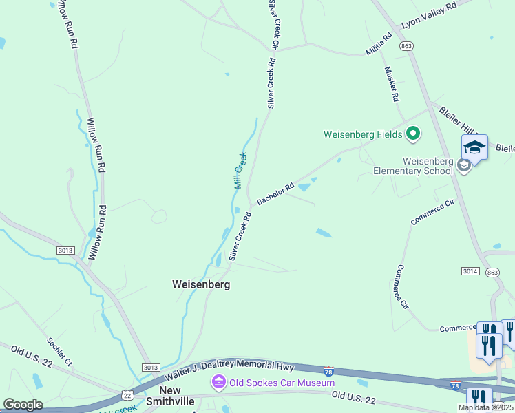 map of restaurants, bars, coffee shops, grocery stores, and more near 9504 Bachelor Road in Kutztown