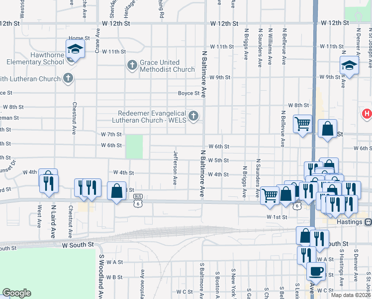 map of restaurants, bars, coffee shops, grocery stores, and more near 1603 West 6th Street in Hastings
