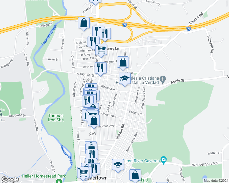 map of restaurants, bars, coffee shops, grocery stores, and more near 1395 2nd Avenue in Hellertown