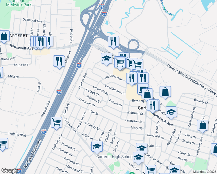 map of restaurants, bars, coffee shops, grocery stores, and more near 39 Swarthmore Drive in Carteret
