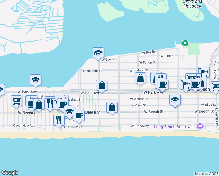 map of restaurants, bars, coffee shops, grocery stores, and more near 4 West Park Avenue in Long Beach