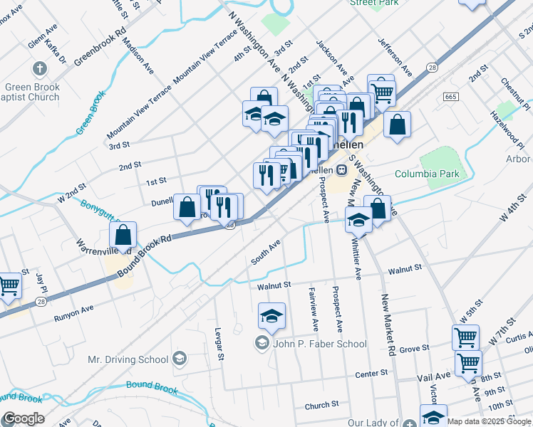 map of restaurants, bars, coffee shops, grocery stores, and more near 512 North Avenue in Dunellen