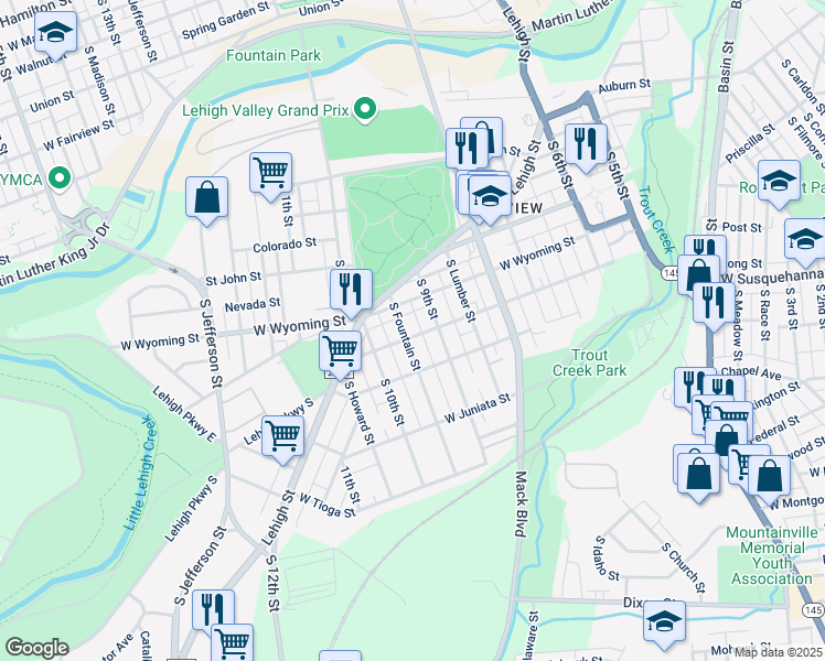 map of restaurants, bars, coffee shops, grocery stores, and more near 1102 South 9th Street in Allentown