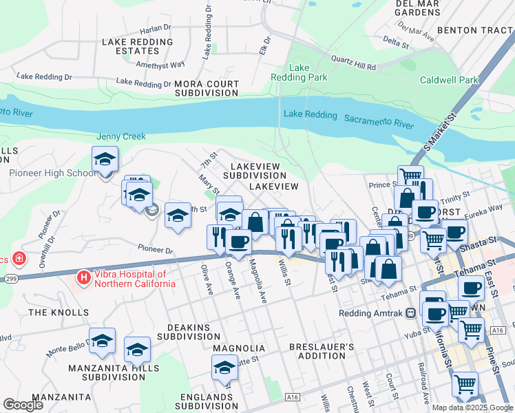 map of restaurants, bars, coffee shops, grocery stores, and more near 1917 9th Street in Redding