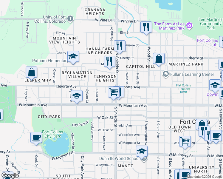 map of restaurants, bars, coffee shops, grocery stores, and more near in Fort Collins