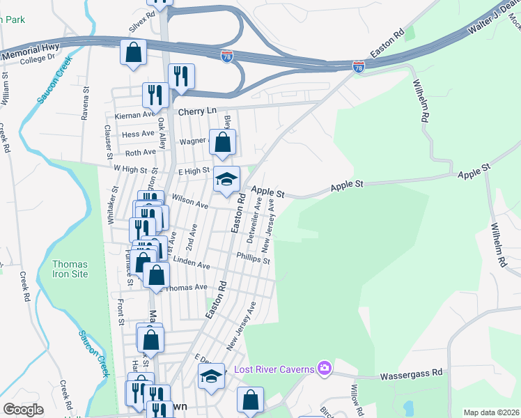 map of restaurants, bars, coffee shops, grocery stores, and more near 1407 Detweiler Avenue in Hellertown