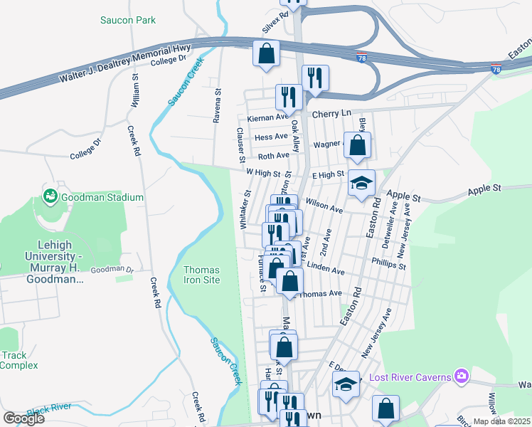 map of restaurants, bars, coffee shops, grocery stores, and more near 1345 Jefferson Street in Hellertown