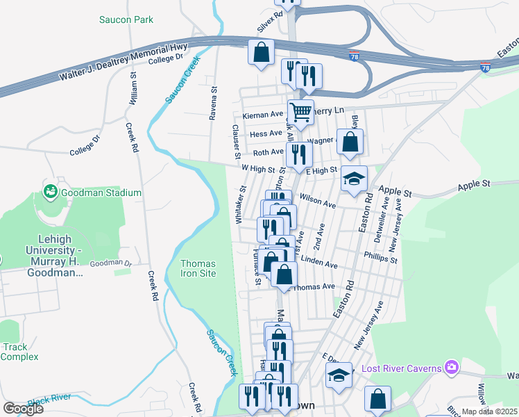 map of restaurants, bars, coffee shops, grocery stores, and more near 1345 Jefferson Street in Hellertown