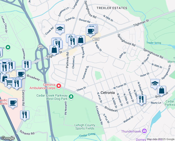 map of restaurants, bars, coffee shops, grocery stores, and more near 367 Tamarack Drive in Allentown