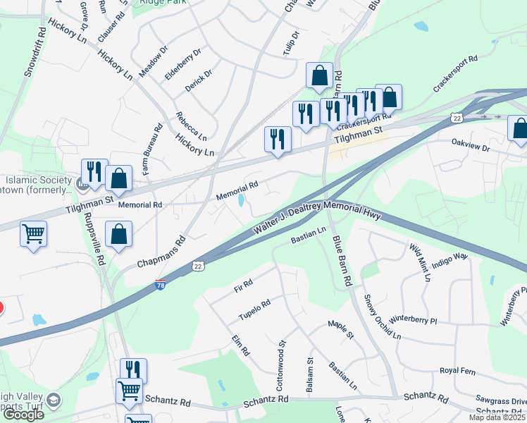 map of restaurants, bars, coffee shops, grocery stores, and more near 515 Ponds Edge Lane in Allentown