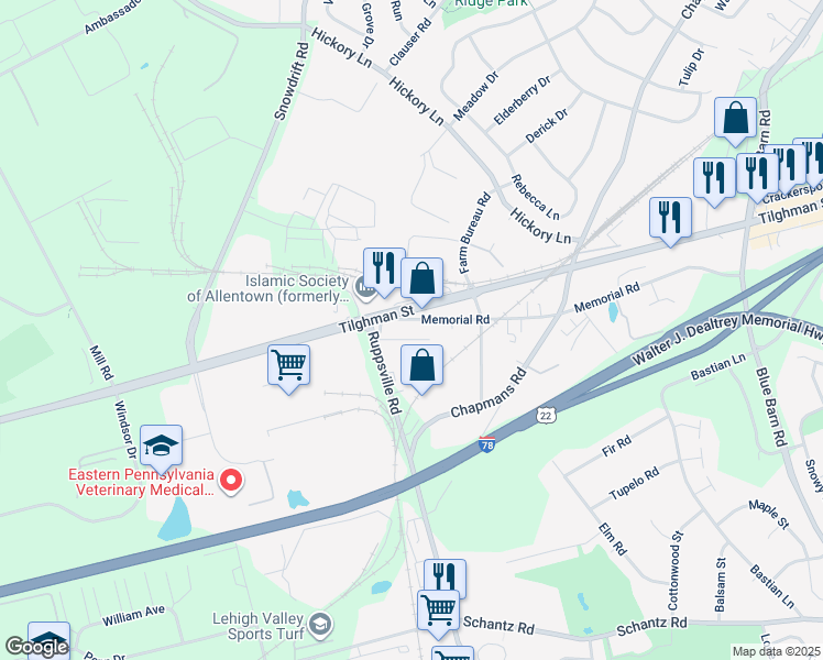 map of restaurants, bars, coffee shops, grocery stores, and more near 6521 1st Avenue in Allentown