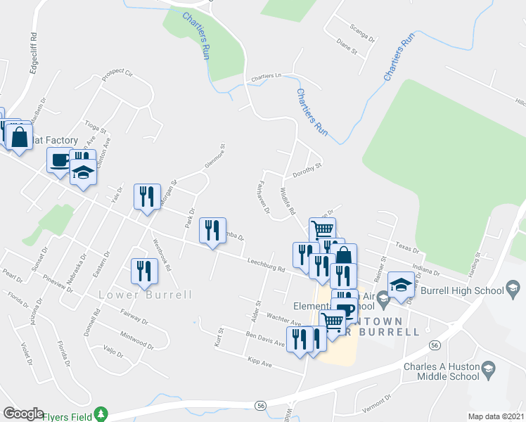map of restaurants, bars, coffee shops, grocery stores, and more near 233 Fairhaven Drive in New Kensington