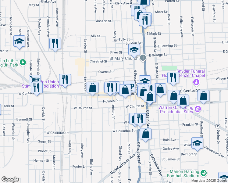 map of restaurants, bars, coffee shops, grocery stores, and more near 272 West Center Street in Marion