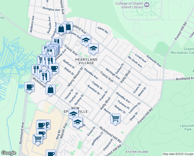 map of restaurants, bars, coffee shops, grocery stores, and more near 616 Klondike Avenue in Staten Island