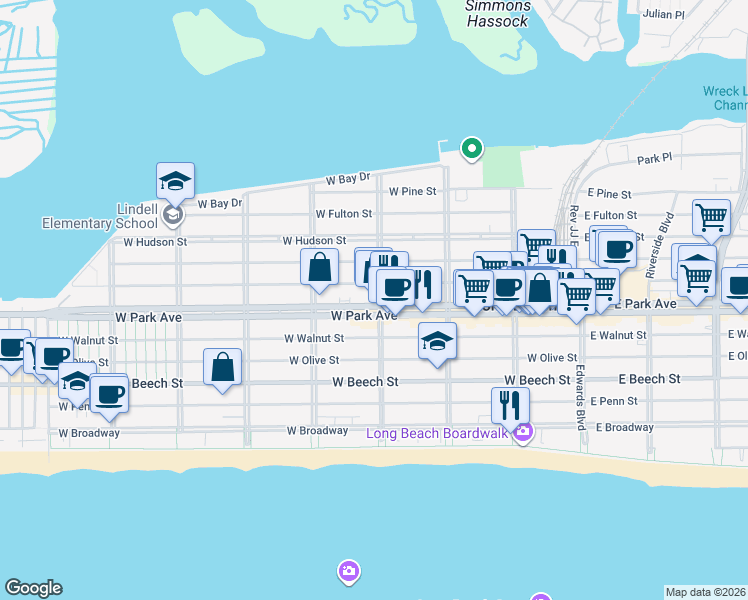 map of restaurants, bars, coffee shops, grocery stores, and more near 413 Laurelton Boulevard in Long Beach
