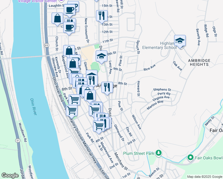 map of restaurants, bars, coffee shops, grocery stores, and more near 631 Beaver Road in Ambridge