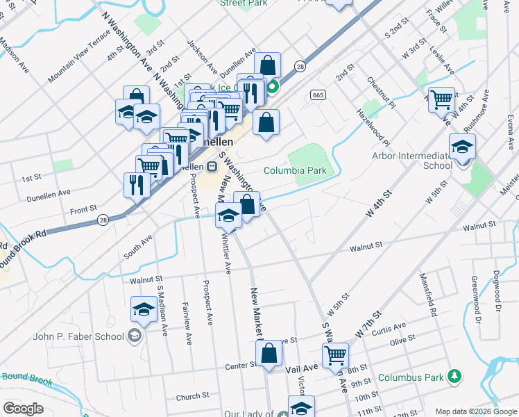 map of restaurants, bars, coffee shops, grocery stores, and more near 222 South Washington Avenue in Dunellen