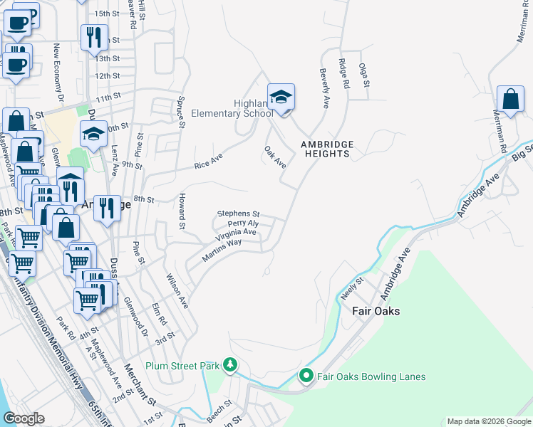 map of restaurants, bars, coffee shops, grocery stores, and more near 588 Stephens Street in Ambridge
