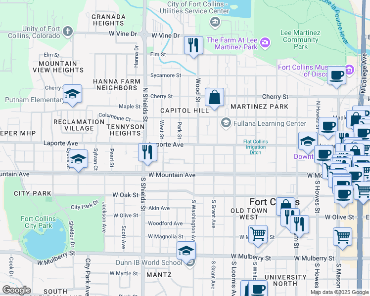 map of restaurants, bars, coffee shops, grocery stores, and more near 131 North Washington Avenue in Fort Collins