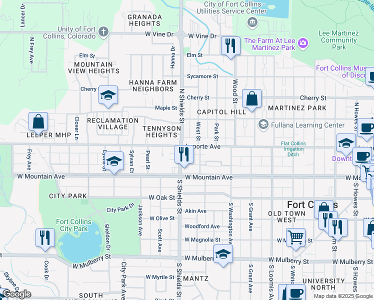 map of restaurants, bars, coffee shops, grocery stores, and more near 131 North Mack Street in Fort Collins