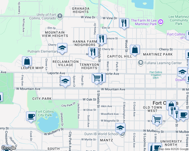 map of restaurants, bars, coffee shops, grocery stores, and more near in Fort Collins