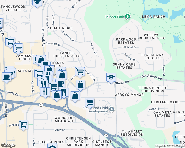 map of restaurants, bars, coffee shops, grocery stores, and more near 1335 Browning Street in Redding
