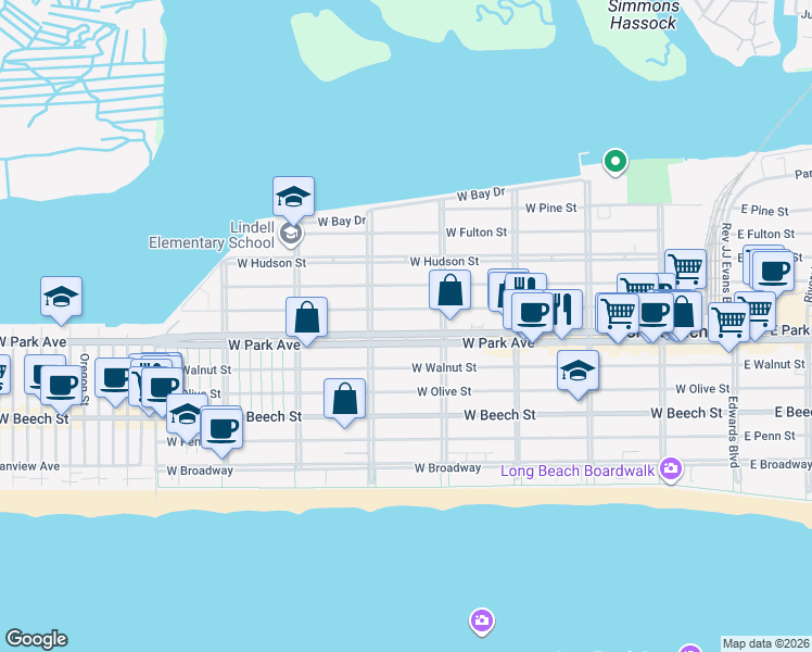map of restaurants, bars, coffee shops, grocery stores, and more near 436 East Park Avenue in Long Beach