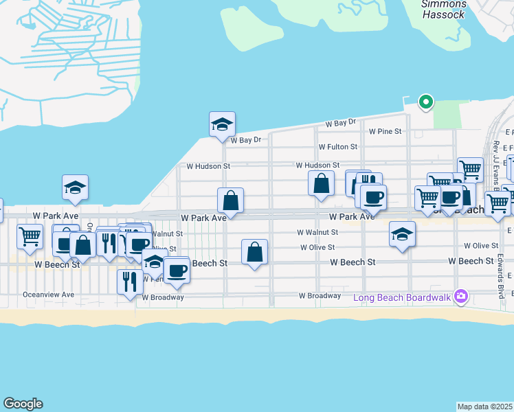 map of restaurants, bars, coffee shops, grocery stores, and more near 4 West Park Avenue in Long Beach