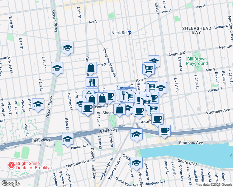 map of restaurants, bars, coffee shops, grocery stores, and more near 1213 Avenue Z in Brooklyn