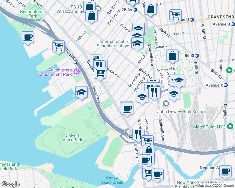 map of restaurants, bars, coffee shops, grocery stores, and more near 206 Bay 46th Street in Brooklyn