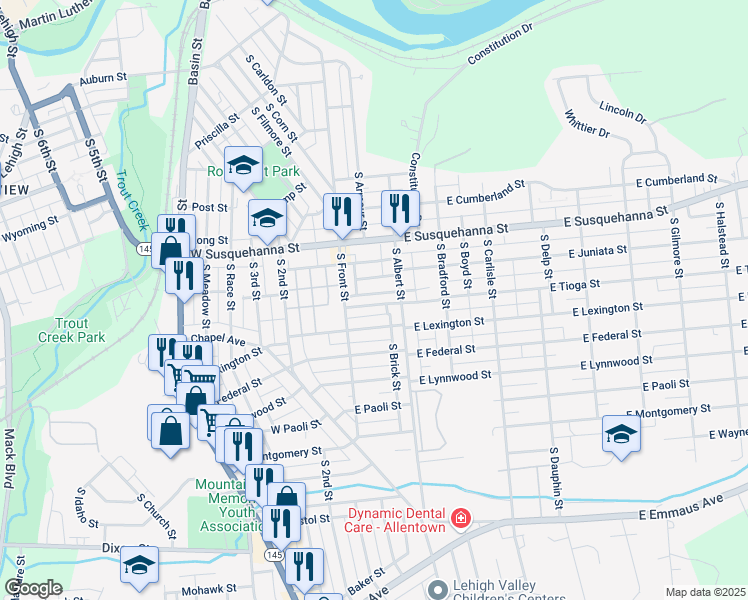 map of restaurants, bars, coffee shops, grocery stores, and more near 40 East Tioga Street in Allentown