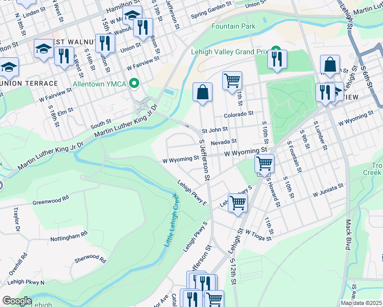 map of restaurants, bars, coffee shops, grocery stores, and more near 1244 West Wyoming Street in Allentown