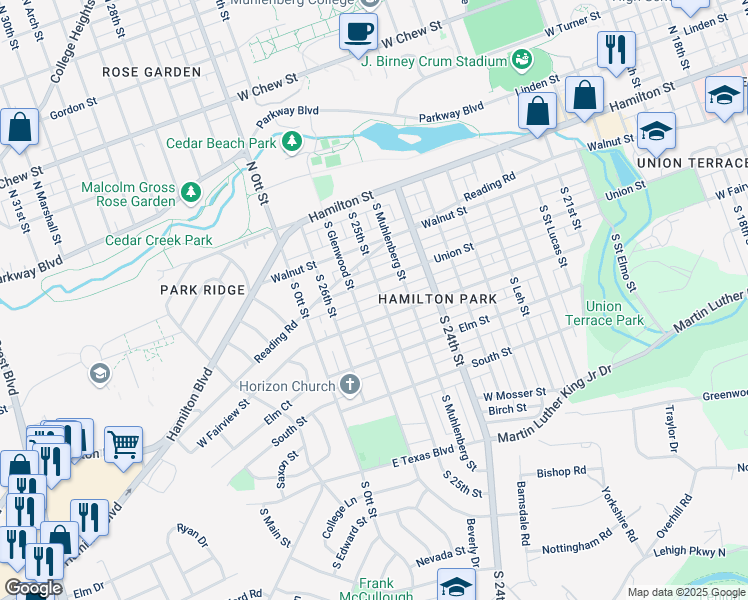 map of restaurants, bars, coffee shops, grocery stores, and more near 219 South Glenwood Street in Allentown