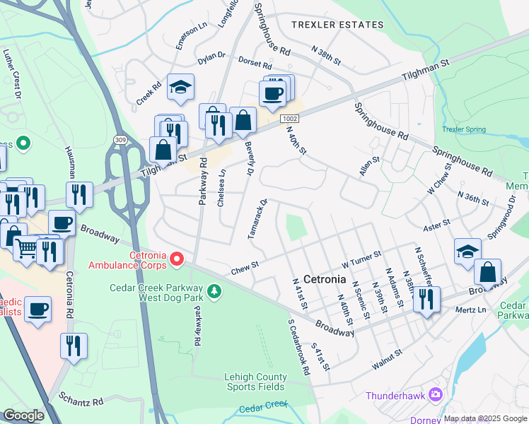 map of restaurants, bars, coffee shops, grocery stores, and more near 367 Tamarack Drive in Allentown