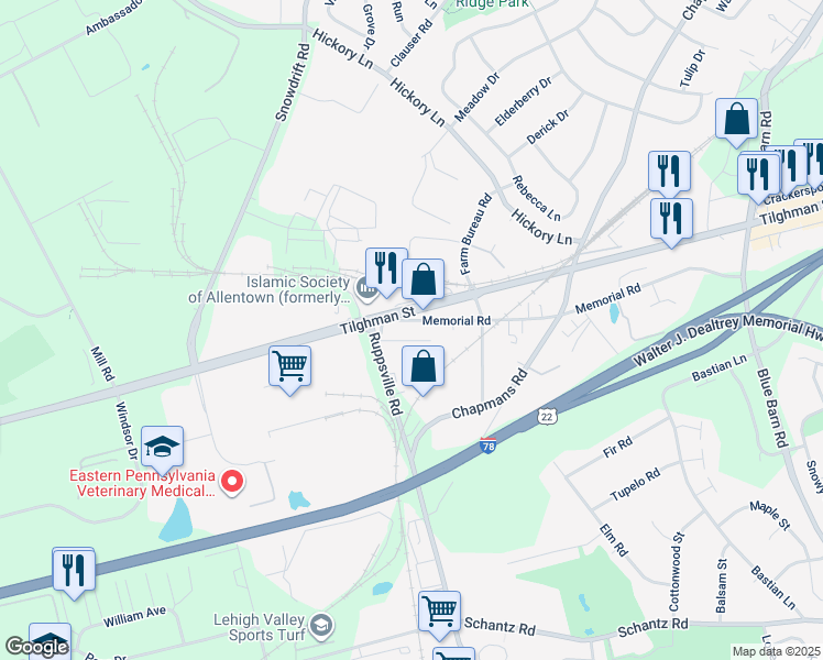 map of restaurants, bars, coffee shops, grocery stores, and more near 6521 1st Avenue in Allentown