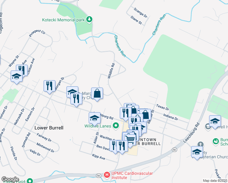 map of restaurants, bars, coffee shops, grocery stores, and more near 945 Wildlife Lodge Road in New Kensington