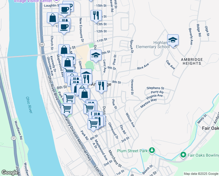 map of restaurants, bars, coffee shops, grocery stores, and more near in Ambridge