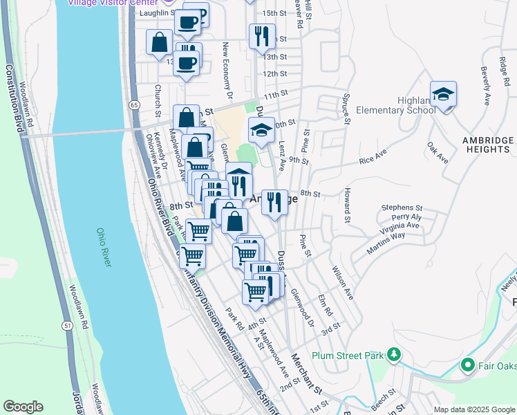 map of restaurants, bars, coffee shops, grocery stores, and more near 648 Glenwood Avenue in Ambridge