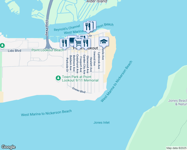 map of restaurants, bars, coffee shops, grocery stores, and more near 109 Inwood Avenue in Point Lookout