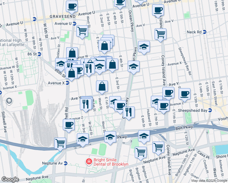 map of restaurants, bars, coffee shops, grocery stores, and more near 2502 East 2nd Street in Brooklyn