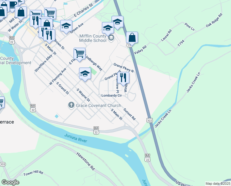 map of restaurants, bars, coffee shops, grocery stores, and more near 1 Sunset Road in Lewistown