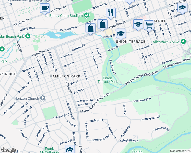map of restaurants, bars, coffee shops, grocery stores, and more near 420 Cedar Creek Boulevard in Allentown