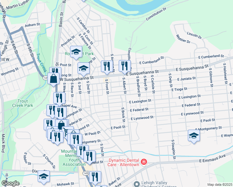 map of restaurants, bars, coffee shops, grocery stores, and more near 40 East Tioga Street in Allentown
