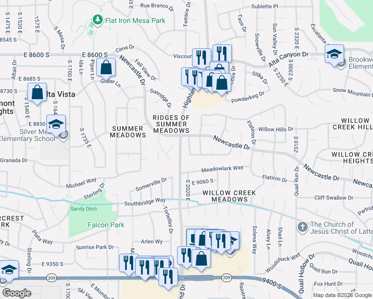 map of restaurants, bars, coffee shops, grocery stores, and more near 8938 Manchester Lane in Sandy