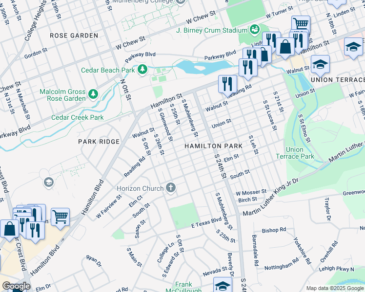 map of restaurants, bars, coffee shops, grocery stores, and more near 219 South Glenwood Street in Allentown