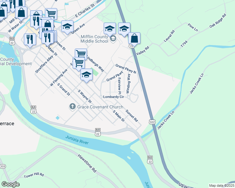 map of restaurants, bars, coffee shops, grocery stores, and more near 109 Lombardy Circle in Lewistown